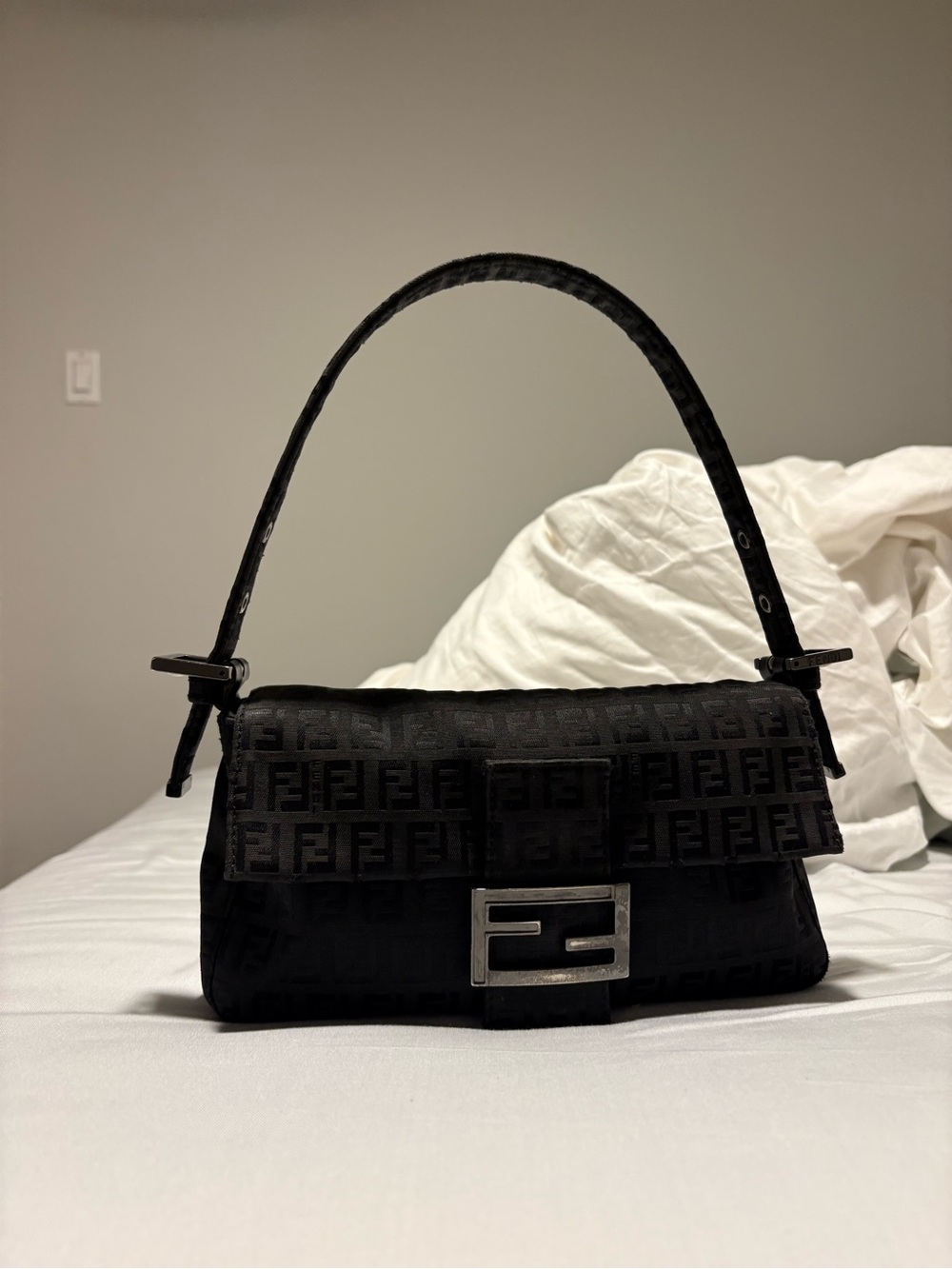 Authentic Fendi Black Canvas Jacquard Zucchino Baguette Bag Rare